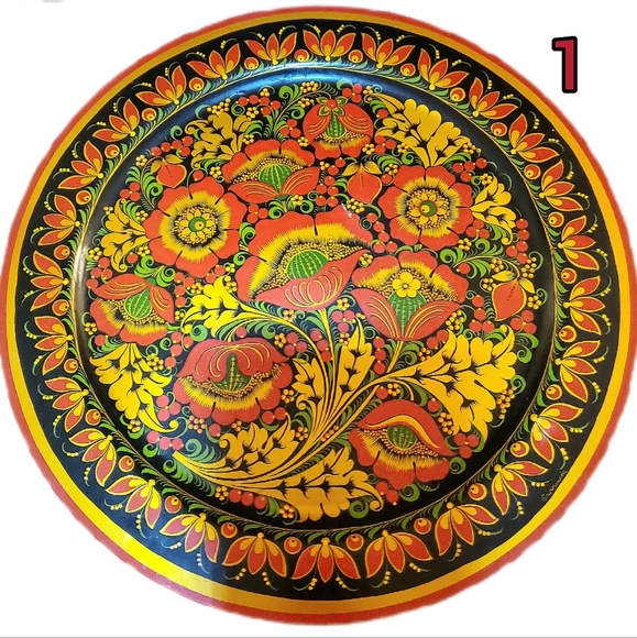Vntg Russian "Khokhloma" Wooden Platter 16.5", Signed,Hand Painted, Choice of 3 - Picture 2 of 11
